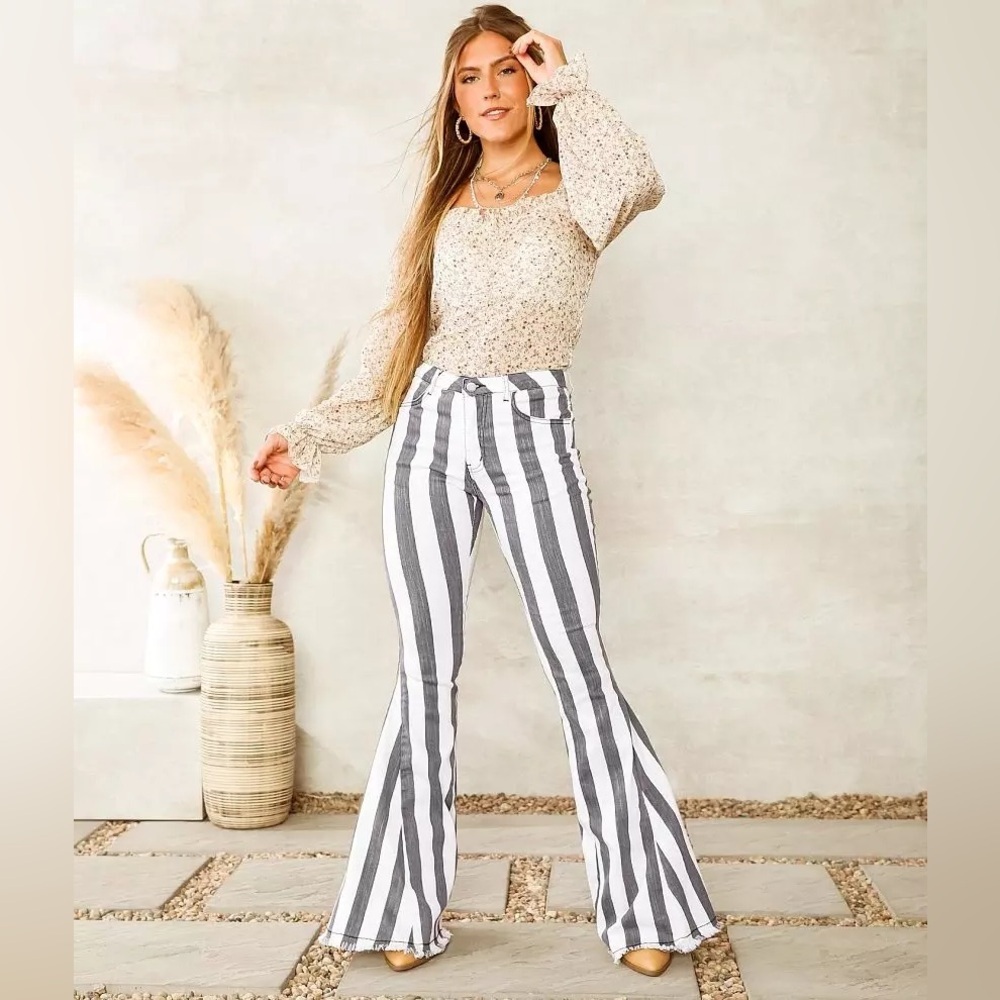 Saints & Hearts | Women's Grey/White Striped Extreme Flare Jeans, size S